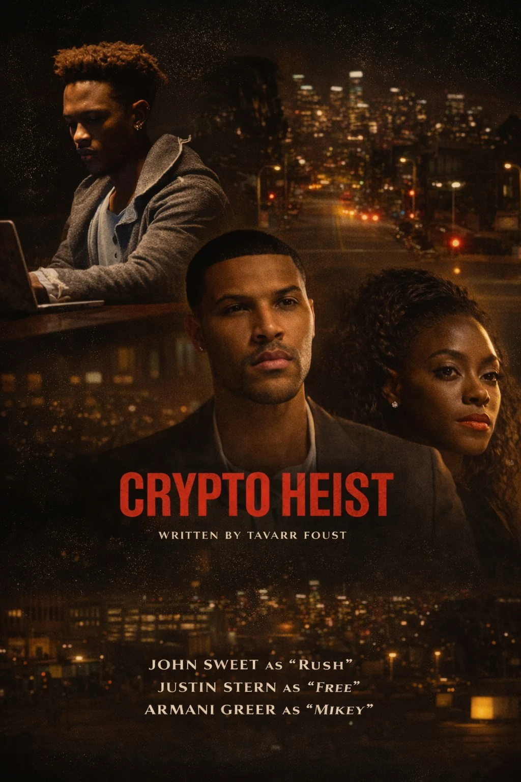 Crypto Heist illustrated movie poster featuring three cast members and night cityscape